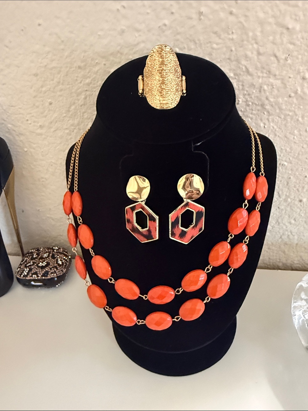 Gold-Tone Orange Beaded Double Strand Necklace with Matching Earrings and Ring
